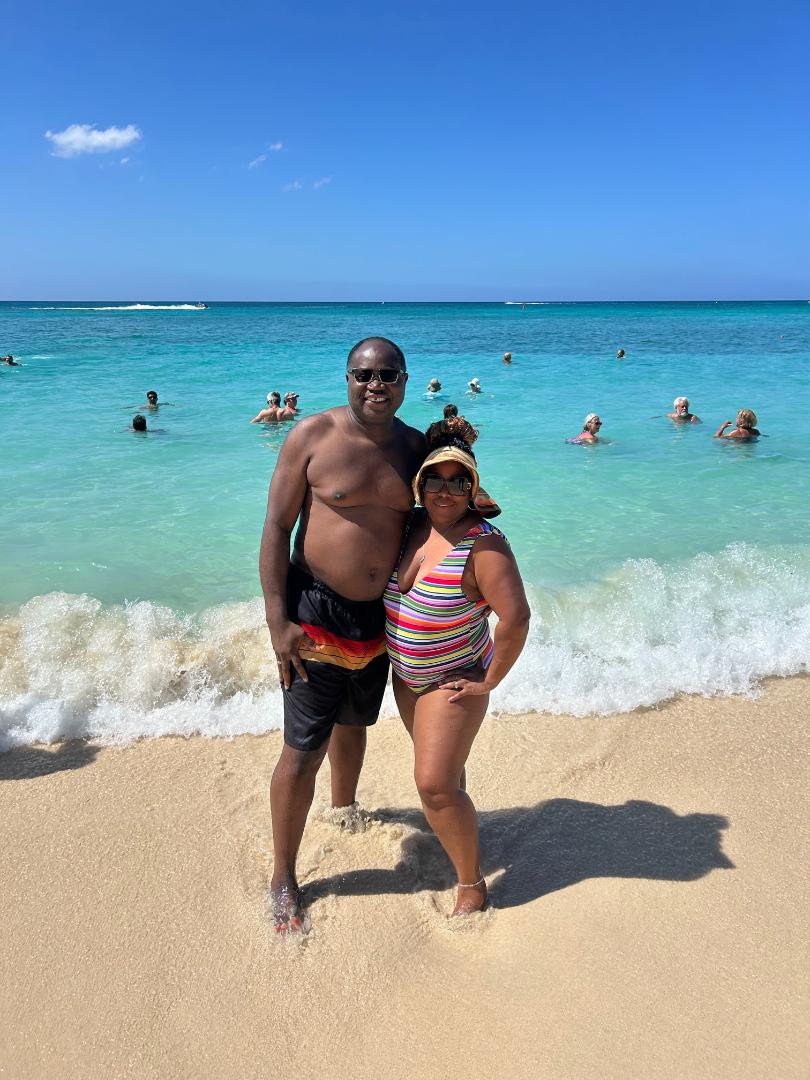 Wife and I at Seven Mile Beach